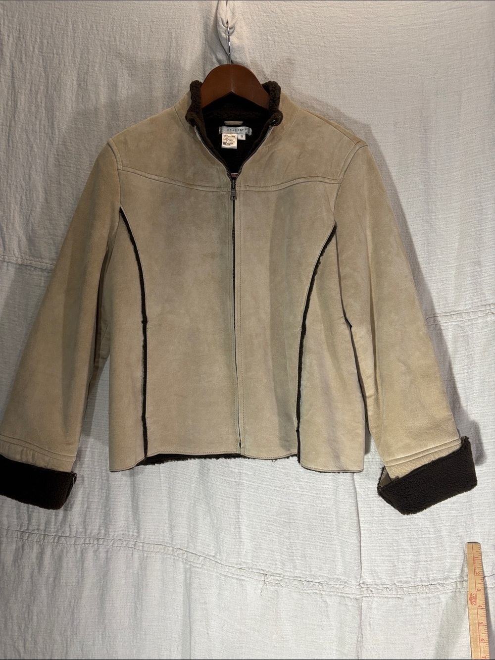 Vintage Co & Eddy Genuine Suede Sherpa Lined Zip Up Jacket Coat Tan Boho 12 EUC